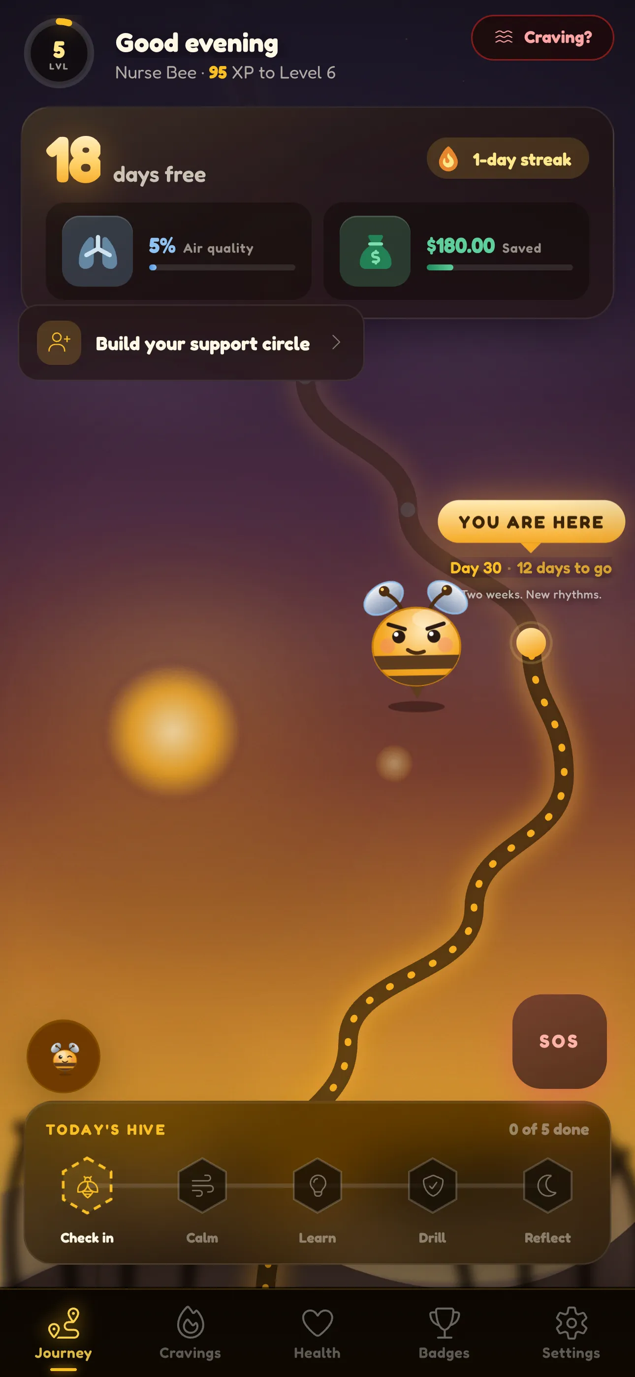 Beeside journey screen showing day streak, air quality, money saved, and today's hive checklist