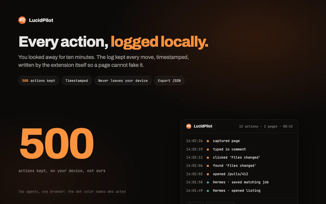LucidPilot local audit log listing the last 500 browser actions with timestamps