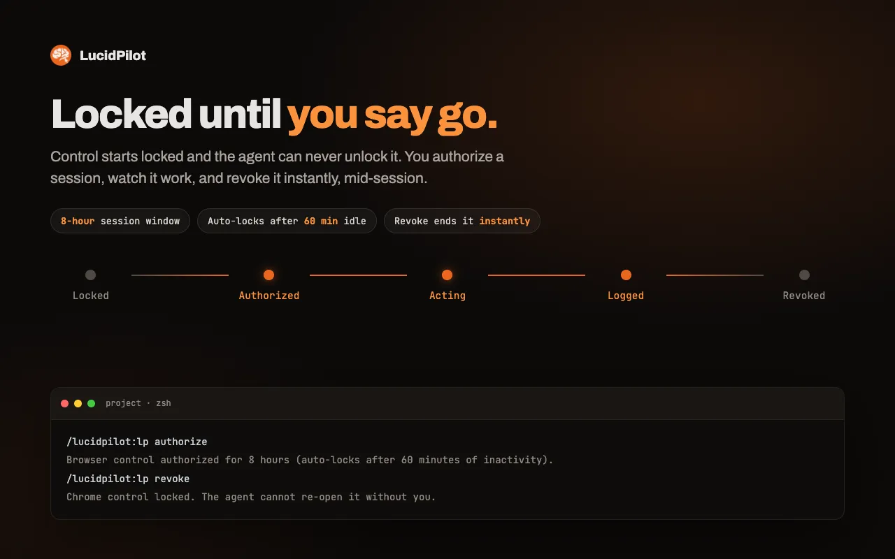 LucidPilot authorize command locking browser control until the user explicitly grants a session