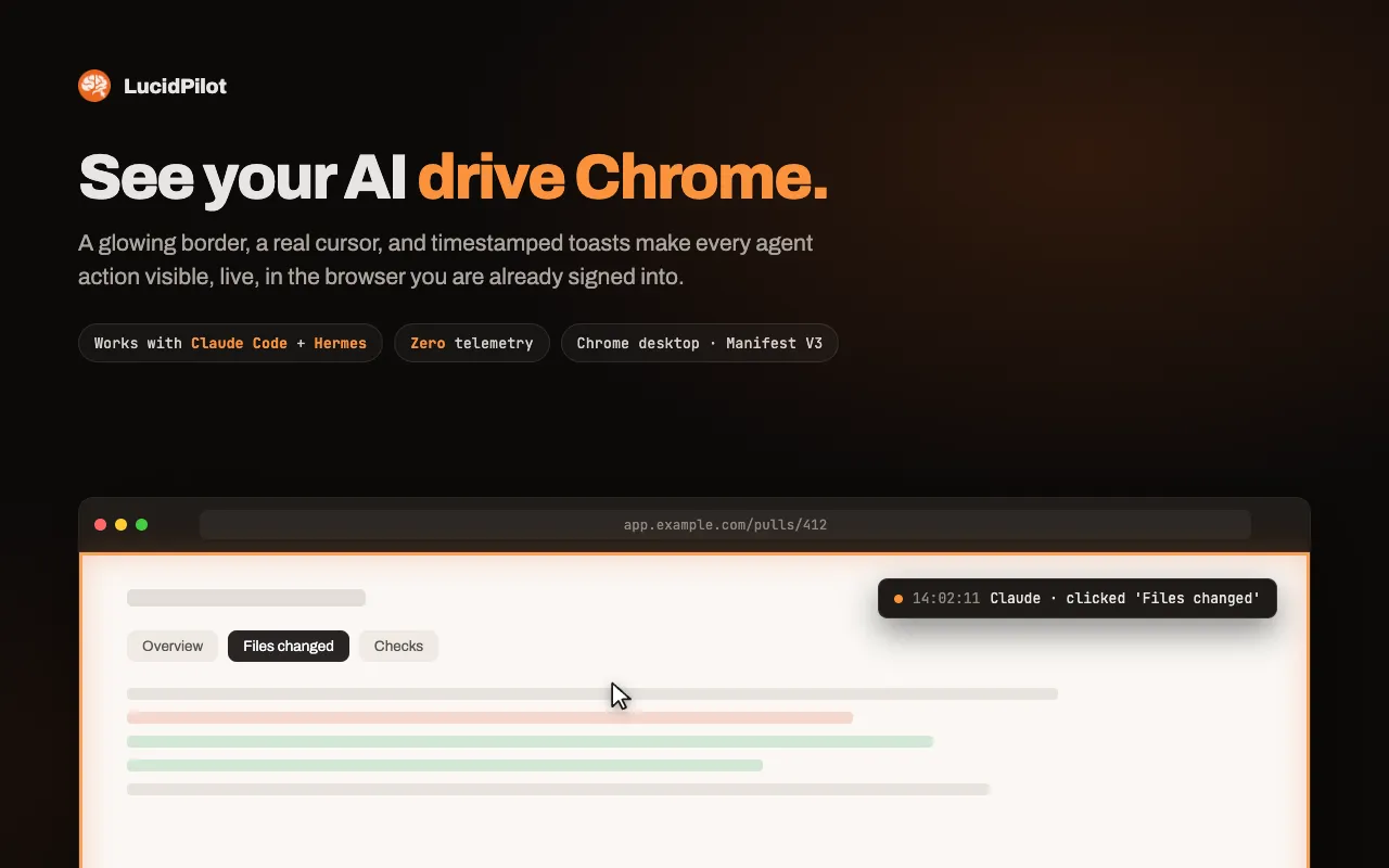 LucidPilot glowing border around the driven Chrome tab with a real cursor and timestamped action toasts